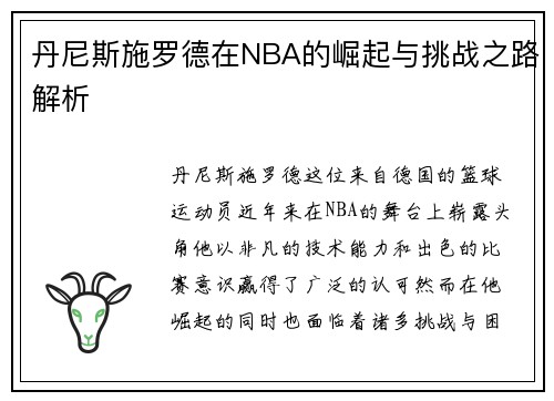 丹尼斯施罗德在NBA的崛起与挑战之路解析