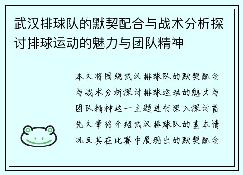 武汉排球队的默契配合与战术分析探讨排球运动的魅力与团队精神