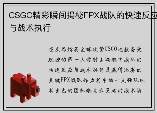 CSGO精彩瞬间揭秘FPX战队的快速反应与战术执行