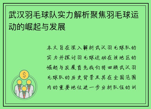 武汉羽毛球队实力解析聚焦羽毛球运动的崛起与发展