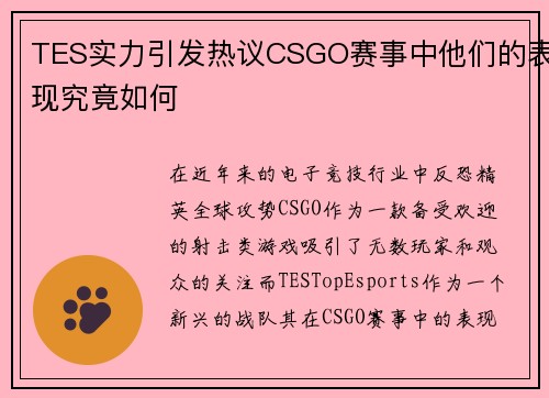 TES实力引发热议CSGO赛事中他们的表现究竟如何