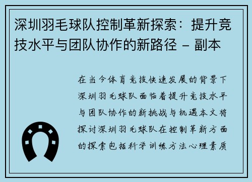 深圳羽毛球队控制革新探索：提升竞技水平与团队协作的新路径 - 副本