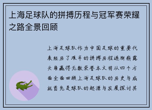 上海足球队的拼搏历程与冠军赛荣耀之路全景回顾